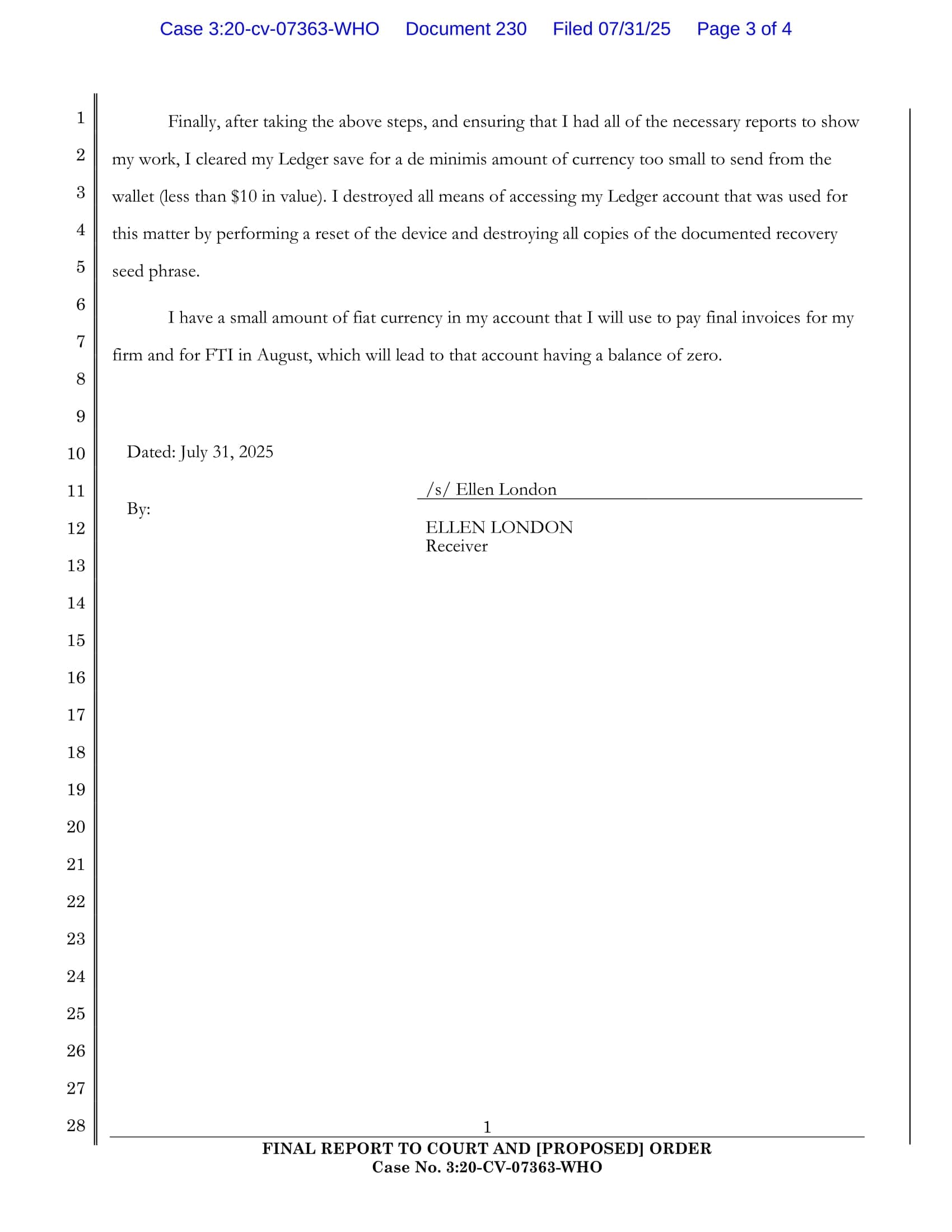 2025-07-31 -ECF 230- Final Report of Receiver and -Proposed- Order-3