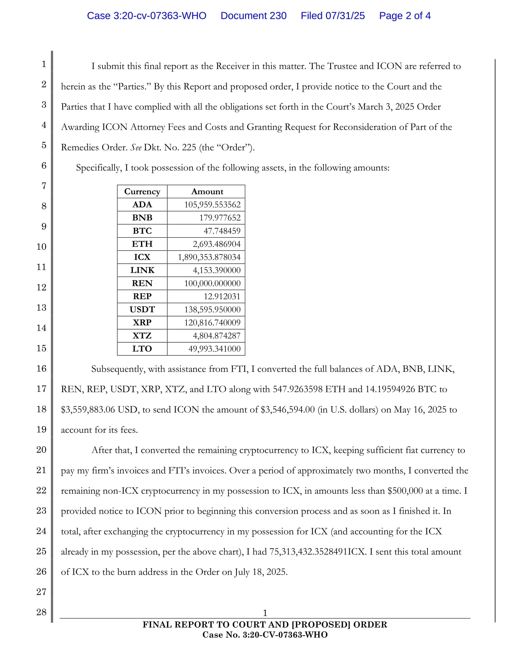 2025-07-31 -ECF 230- Final Report of Receiver and -Proposed- Order-2